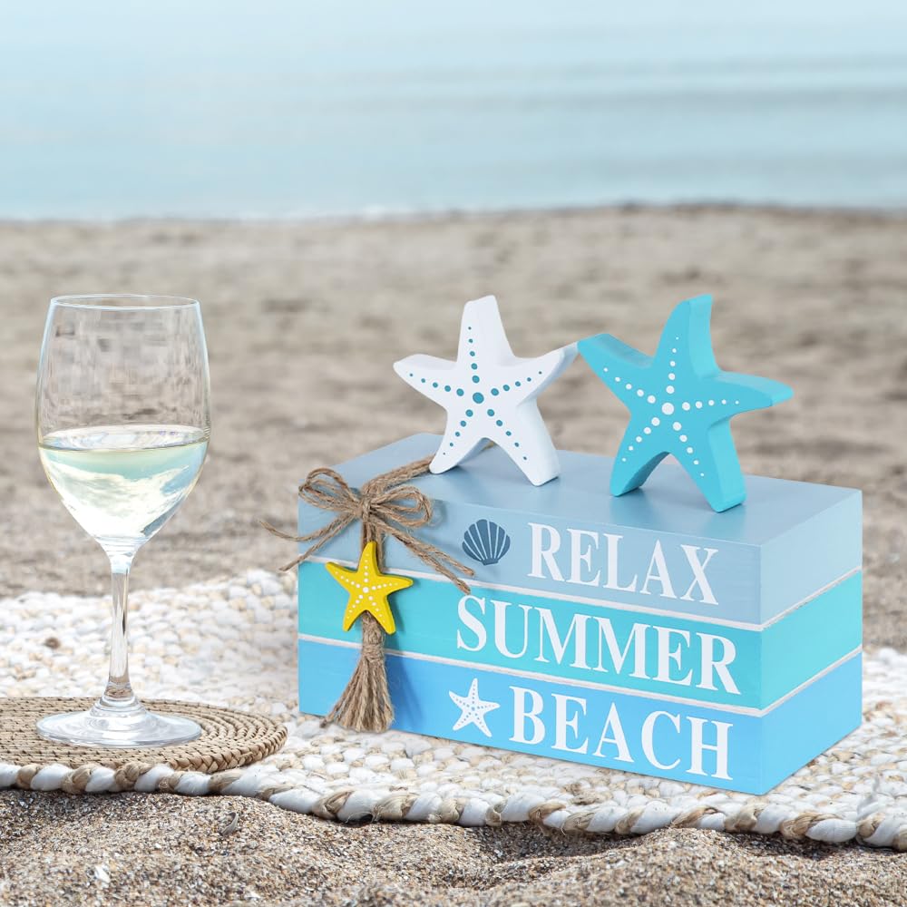 DECSPAS Beach Summer Table Decor, Starfish Wooden Stacked Books Sign for Ocean Tiered Tray Decorations, Coastal Nautical Shelf Table Centerpiece for Home, Room, Mantel, Tabletop, Farmhouse Gift