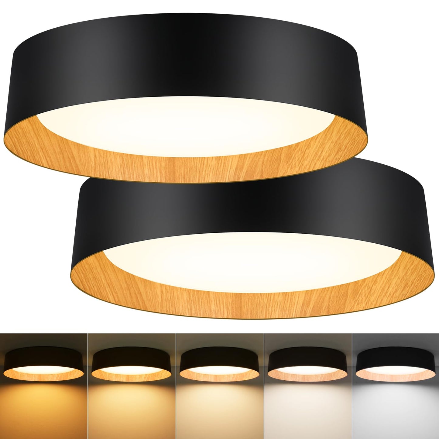 BrightHome 2-Pack 16in Flush Mount Ceiling Light, 3000LM 30W(300W Equiv), LED Ceiling Light Fixture 5CCT 2700K 3000K 4000K 5000K 6000K, Dimmable Ceiling Lamp for Bathroom Hallway, Black and Wood