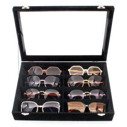 KLOUD City Luxury Sunglasses Organizer - 8 Slot Velvet Jewelry Storage Case with Clear Glass Lid | Dustproof, Scratch-Resistant Display for Glasses & Watches | Elegant Gift Box (14"x9.5")