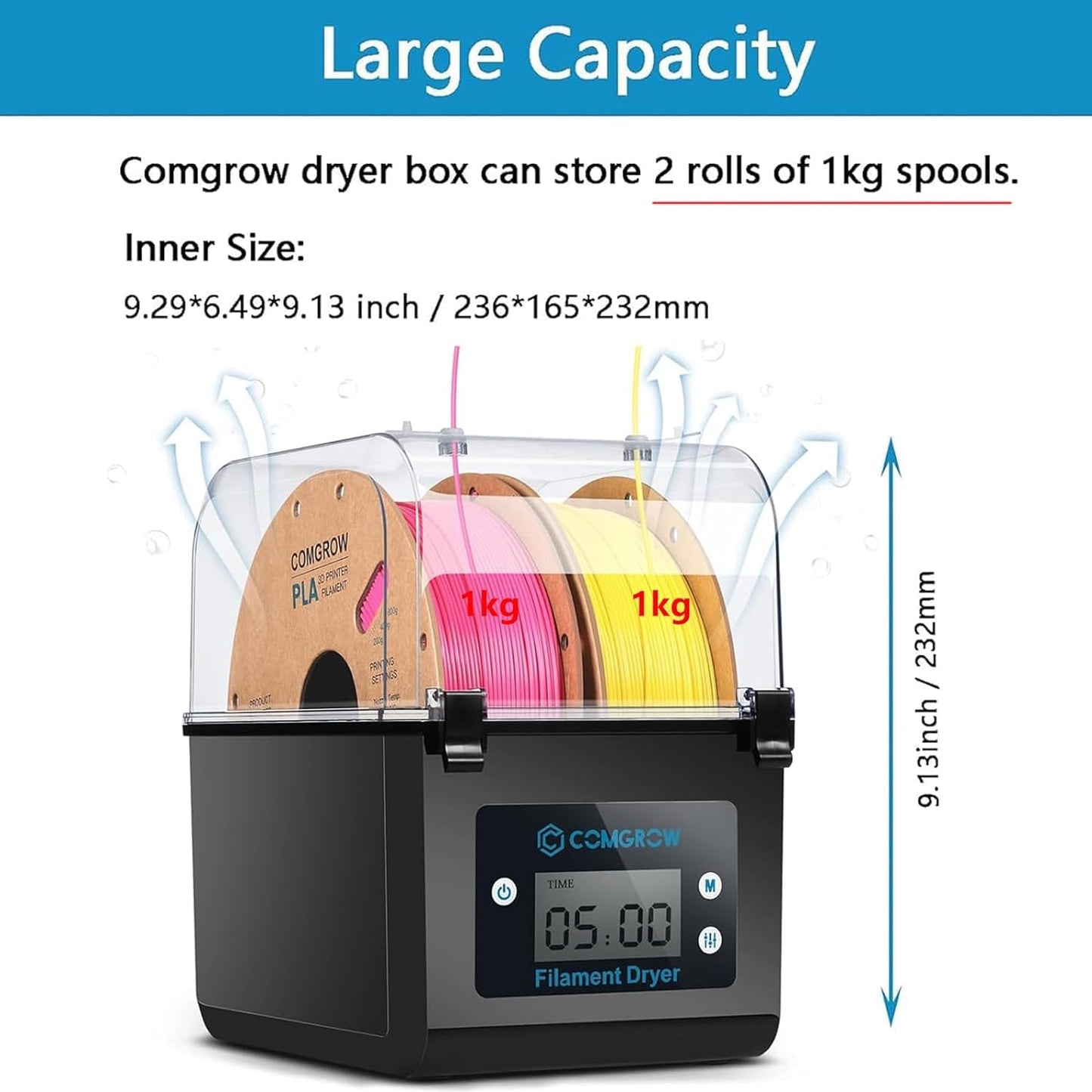 Comgrow 3D Printer Filament Dryer Box SH01, 3D Filament Storage, Keeps Filaments Dry During 3D Printing, Compatible with 1.75mm/2.85mm PLA PETG ABS Material, Filament Dryer, Spool Holder