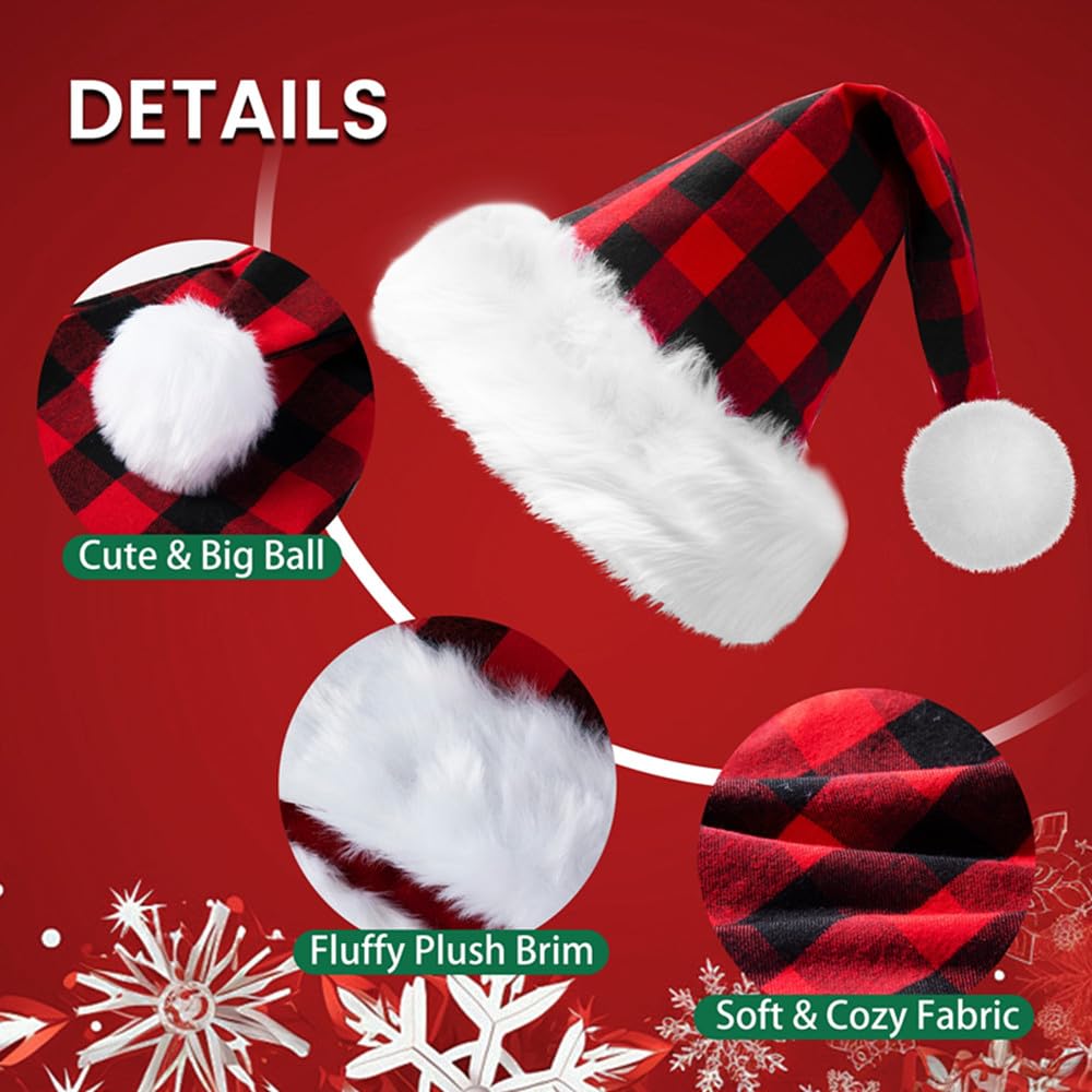 ALIMITOPIA 2pcs Christmas Santa Hat,Double Layer Luxury Plush Christmas Santa Claus Cap Xmas Hat for Adults (Plaid)