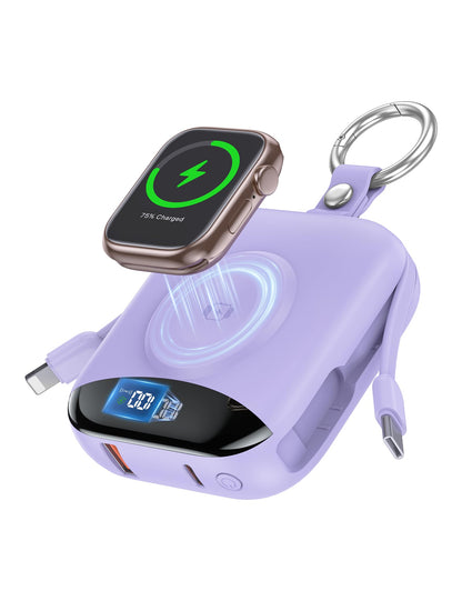 Portable Charger, 10000mAh 22.5W Fast Charging Power Bank with Built-in Cables, Travel Essentials Battery Pack with LED Display for iPhone, Portable iWatch Charger for 11/10/9/8/7/6/5/SE/Ultra Purple