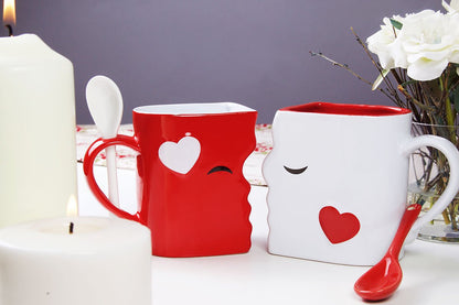 Blu Devil Kissing Mugs Set, Anniversary & Wedding Gifts, Exquisitely Crafted Two Large Cups & Spoons for Couples, For Him and Her on Valentines, Birthday, Engagement