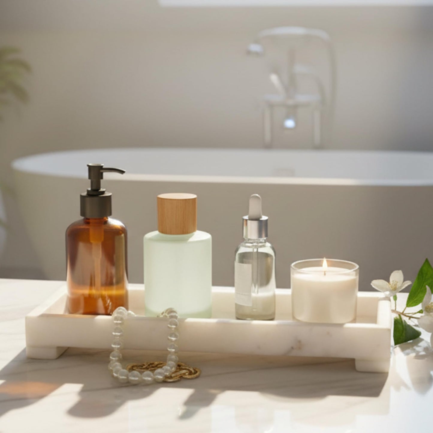 Dreamy Walls Banswara White Marble Vanity Tray - 11×4 Inch | Marble Tray for Bathroom, Perfume, Jewellery & Dressing | Trinket Tray, Bathroom Tray for Toiletries | Anti-Slip | Handmade in India