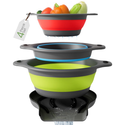 Collapsible Colanders (3 Pack Set) Food Strainers with Over-Sink Water Draining Base for Pasta Fruits and Vegetables, White (3 Sizes, 3QT, 4QT and 5 Quart)
