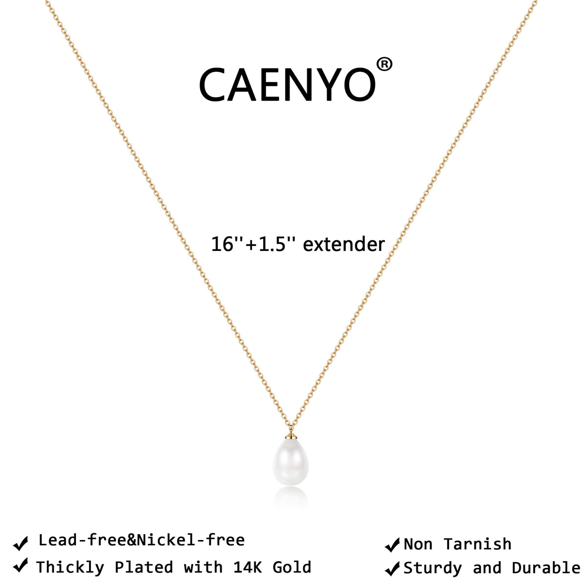 Caenyo 14K Gold Plated Dainty Pearl Necklace for Women, Handmade Single Freshwater Cultured Pearl Pendant Necklace, Minimalist Jewelry Gift for Her, 16+1.5 Inch