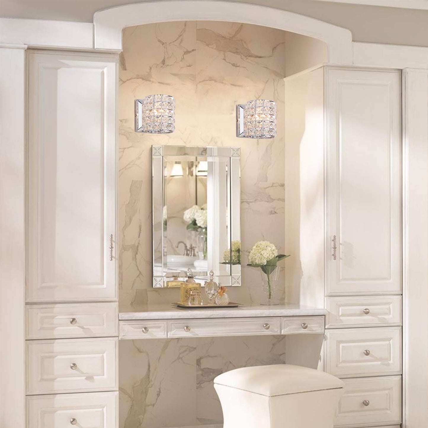 LOCLGPM Modern Chrome Crystal Wall Sconces, Elegant Bathroom Vanity Wall Light Fixtures for Living Room Bedroom Bathroom Hallway Entryway Staircase