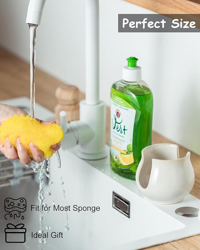 Sponge Holder for Kitchen Sink Counter, Ceramic Dish Sponge Caddy White Sink