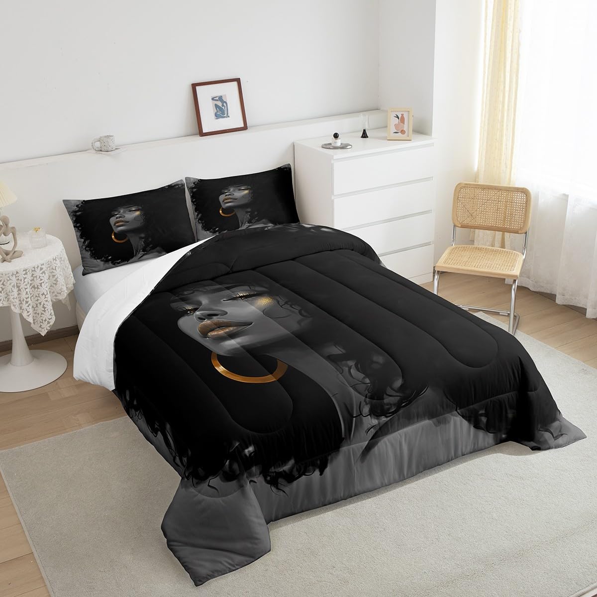 African Style American Woman Comforter Set Queen Size,Afro Pretty Princess Bedding Set,Black Cute Girls Quilt Set for Kids Girls Teens Room Decor Fashion Beauty Style Duvet Insert 3Pcs,2 Pillowcases