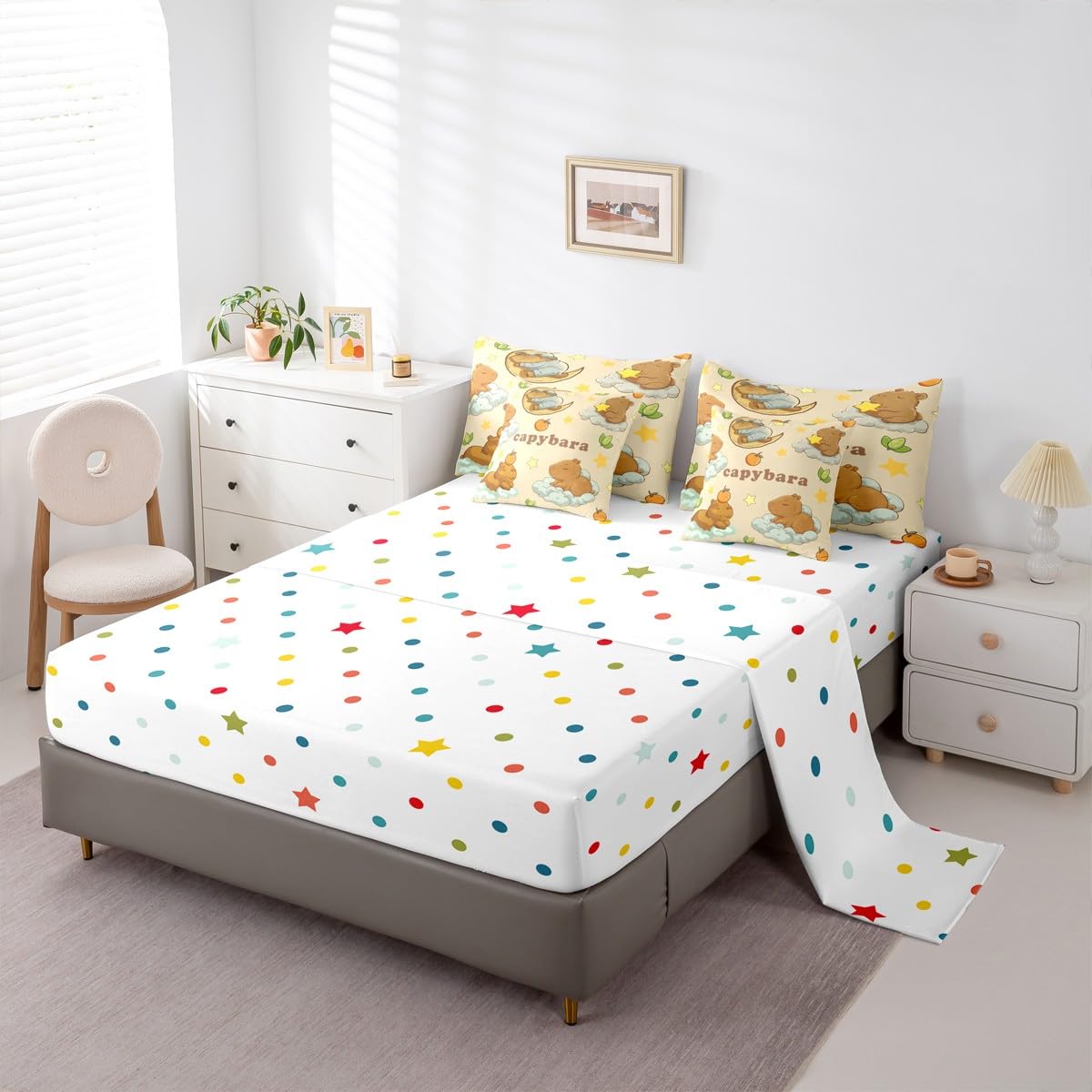 Capybara Dreams Queen Comforter Set Stars Cute Animal Bed in a Bag with Flat and Fitted Sheet for Kids Boys Girls Cute Capybara 7-Piece Bedding Set Dreamy Fantasy Cloud Animal Quilt Duvet Sets