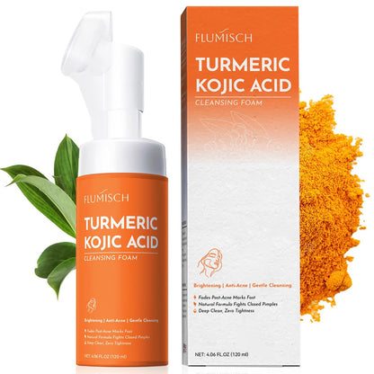 Turmeric Kojic Acid Facial Cleanser, Brightening Foaming Face Wash with Soft Massage Heads, Kojic Acid Cleanser Exfoliating, Turmeric Cleansing for Dark Spots 4.23 oz