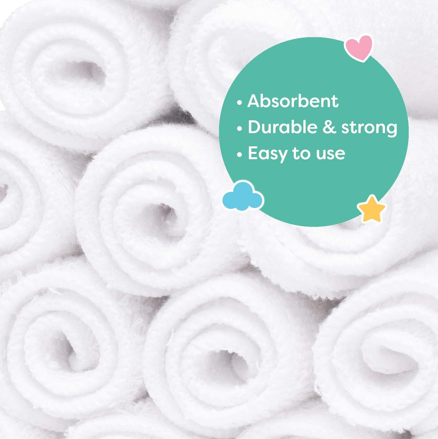Little Gubbins 20 Cotton Terry Baby Wipes | Pack of 20cm x 20cm Reusable, Soft White Towelling Cloths | Ideal for Mucky Bums, Hands and Faces | 100% natural & Plastic Free