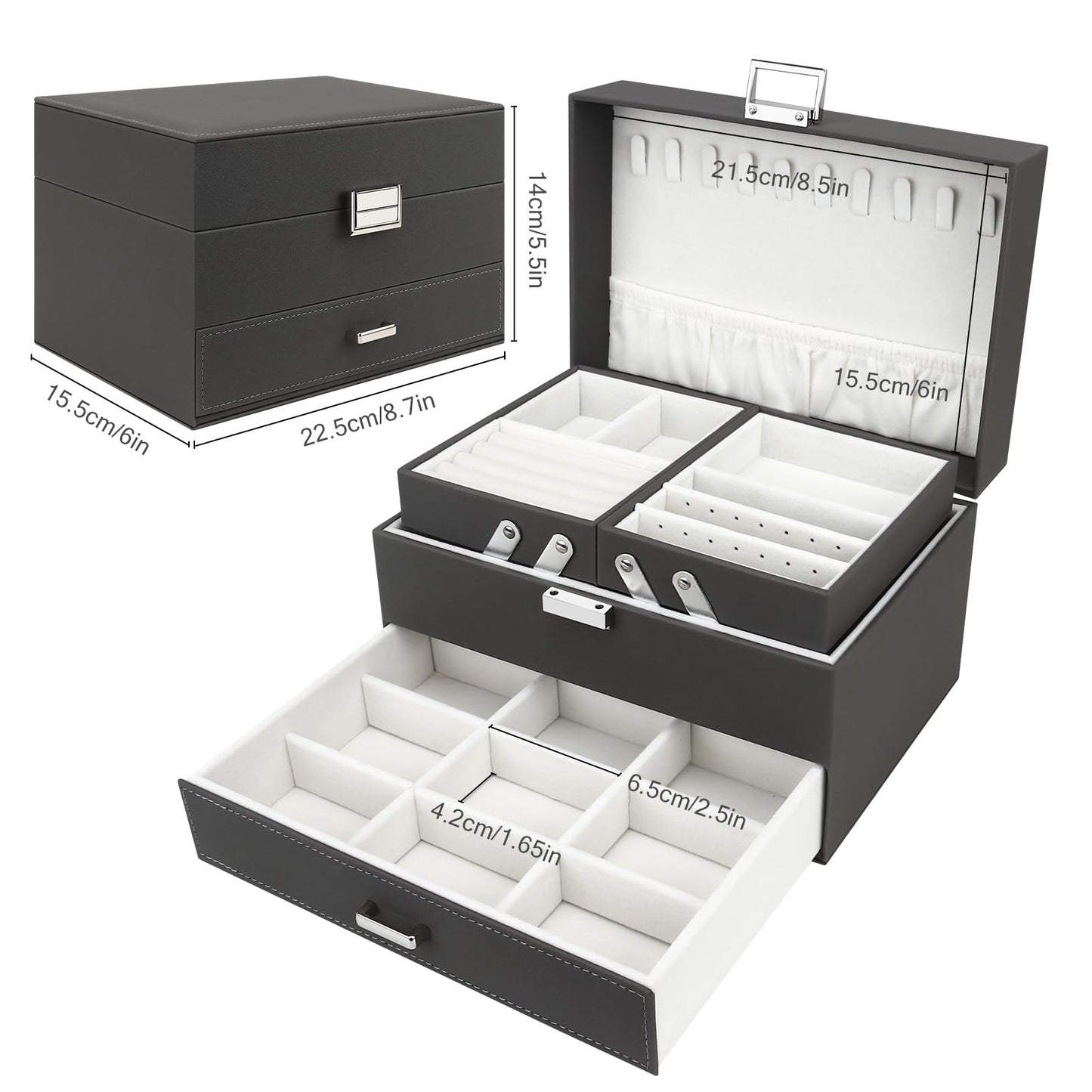 Jewellery Box Organiser, 3 Layer PU Leather Jewellery Case, Large Jewellery Organiser with Drawer, Jewellery Storage Case for Necklaces Earrings Bracelets and Rings, Grey