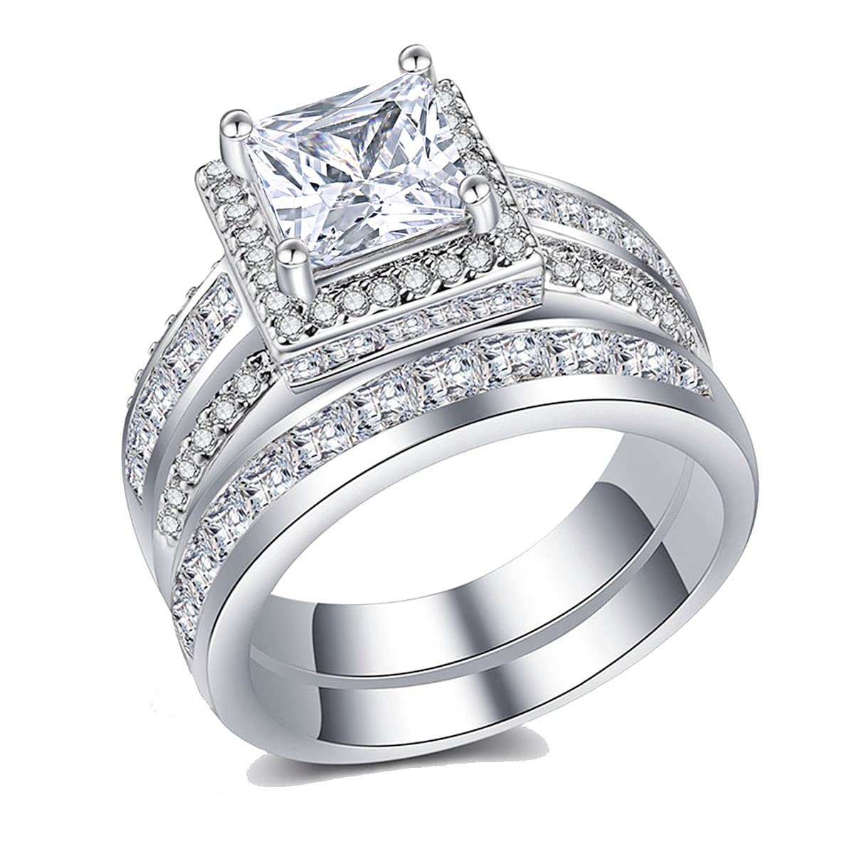 CEJUG 3Ct Wedding Rings for Women Princess Engagement Ring Set Bands 18k White Gold Plated Halo Cz Size 9