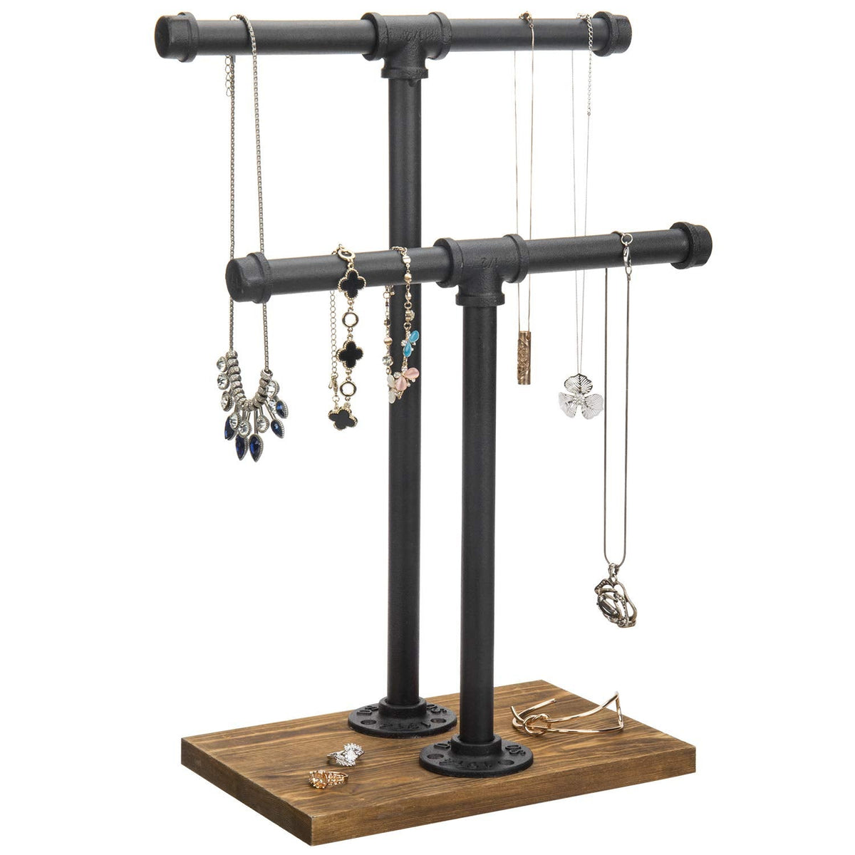 MyGift Adjustable 2-Tier Industrial Jewelry Display Stand - Rustic Metal Pipe & Brown Wood Base for Necklaces, Bracelets, Watches - Home & Boutique Decor (11.75" H)