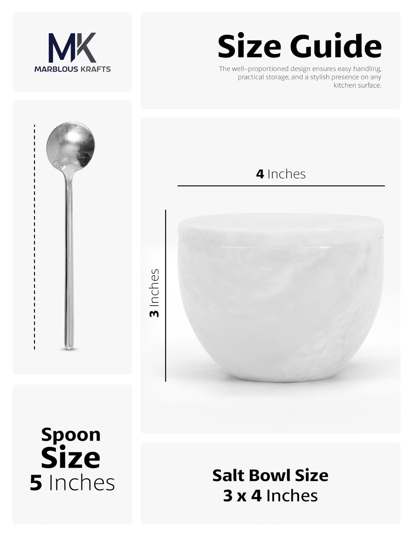 MARBLOUS KRAFTS Marble Salt Holder with Lid and Spoon 3 x 4 White Spice Jar for Kitchen Countertop, 4.7 oz, Ideal Seasonings, Sugar Bowl, and Celtic Salt Storage, Brown Sugar Keeper