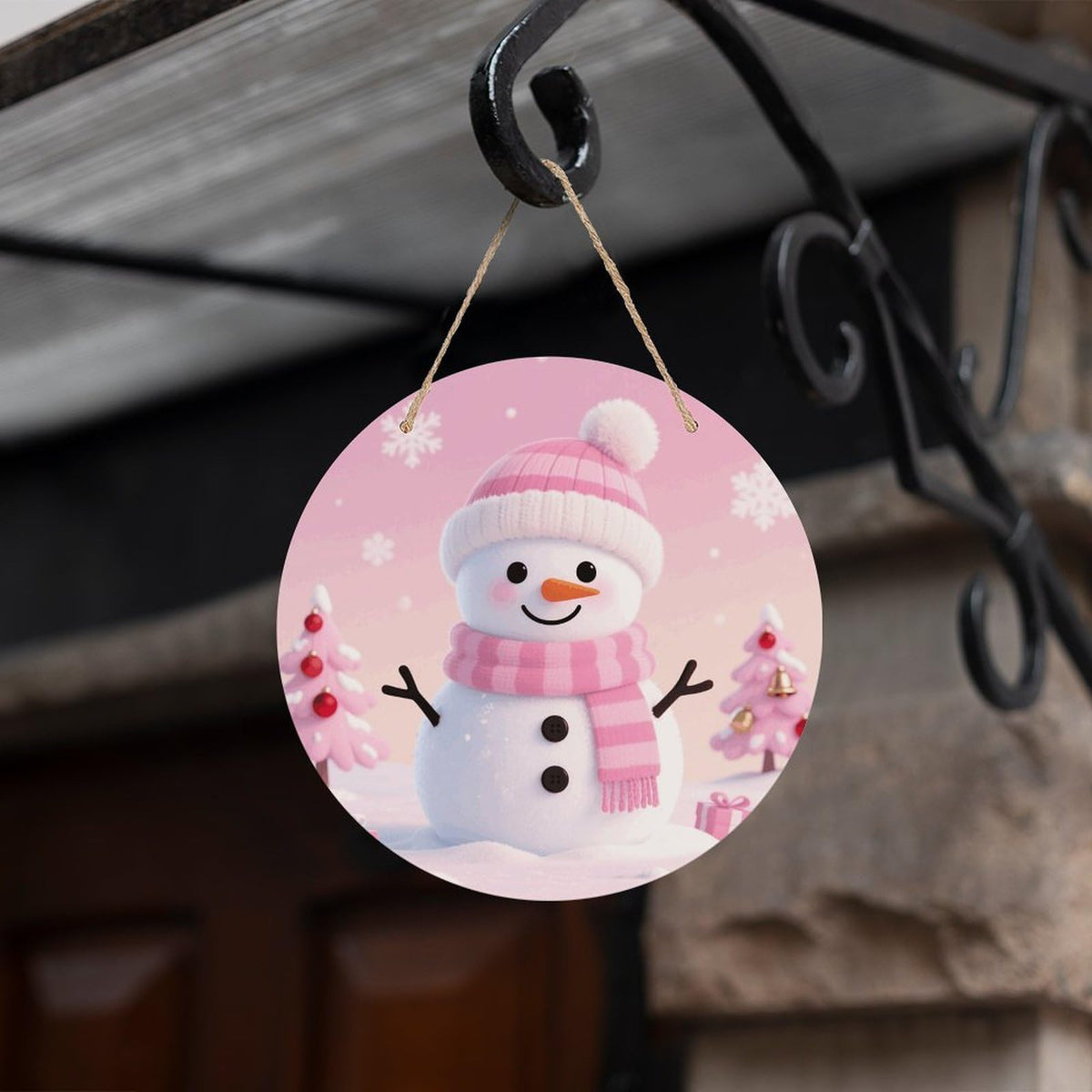 Pink Cute Snowman Welcome Sign for Front Door Wooden Wreaths