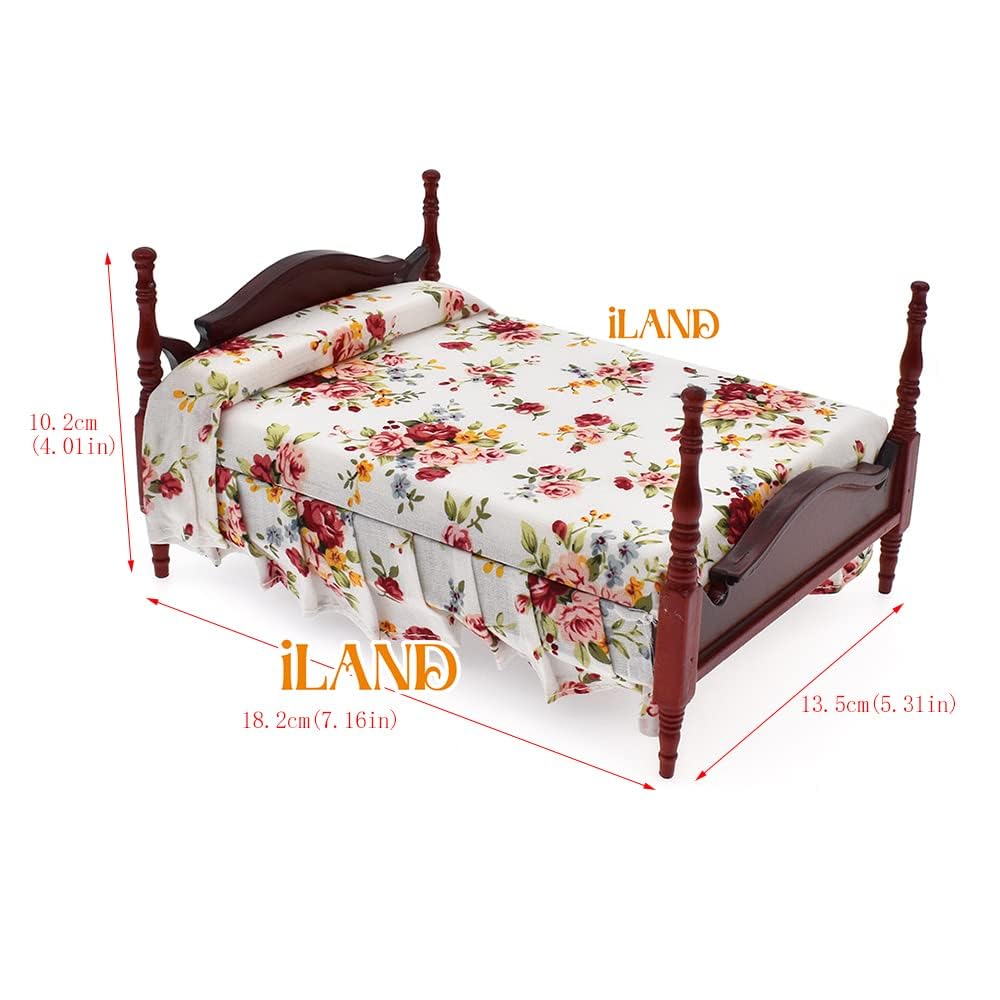 iLAND Wooden Dollhouse Furniture 1/12 Scale, Dollhouse Bedroom Furniture in Mahogany Color incl Dollhouse Bed & Dressing Table & Wardrobe (Classical Miniature Furniture 6pcs)
