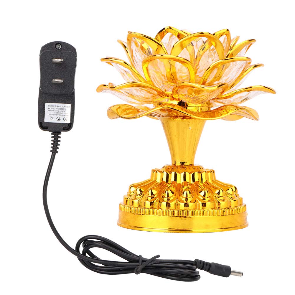 Zerodis 110-240V LED Lotus Flower Lamp - 7 Color Crystal Buddha Lamp with Golden Finish, 36 Songs & US Plug