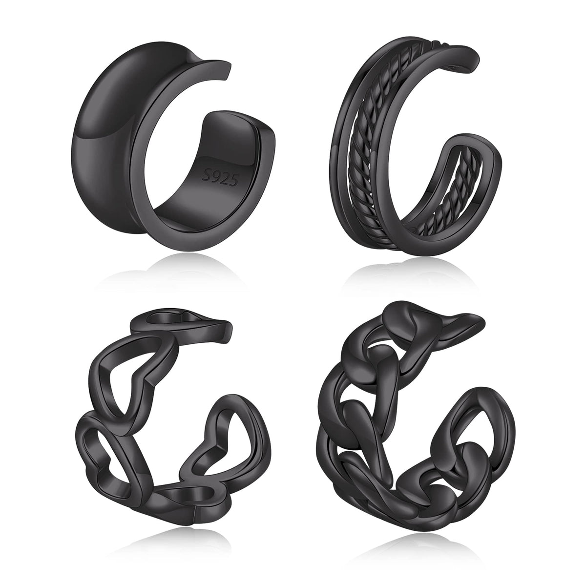 Ear Cuffs 925 Sterling Silver No Piercing Black Ear Cuff Earrings Set Adjustable Wide Ear Lobe Cuff Viking Ear Cuff Set For Women Men