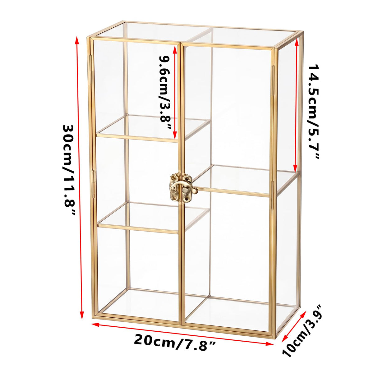 JUXYES 5 Grids Tabletop Brass Glass Rock Display Case with Latch Door - Modern Clear Rocks Collection Display Case Box - Gold Dust Proof Case Small Shelf for Collectible, Mineral Crystal, Rock, Stones