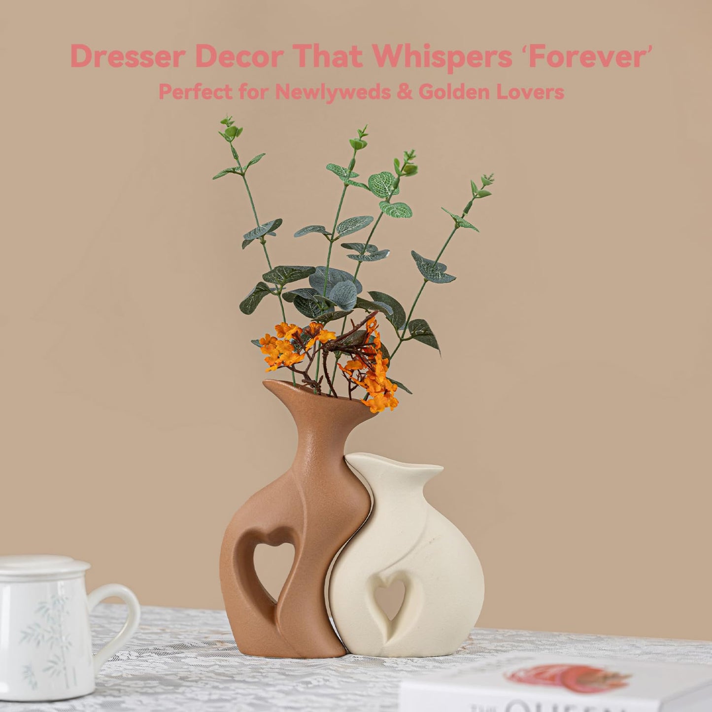 Heart Linked Couple Vase Set - 2-Pcs Beige & Brown Ceramic Vases with Hollow Heart Design, Romantic Gifts for Couples, Wedding Decor for Couple,Decorative Vase for Living Room/Dresser