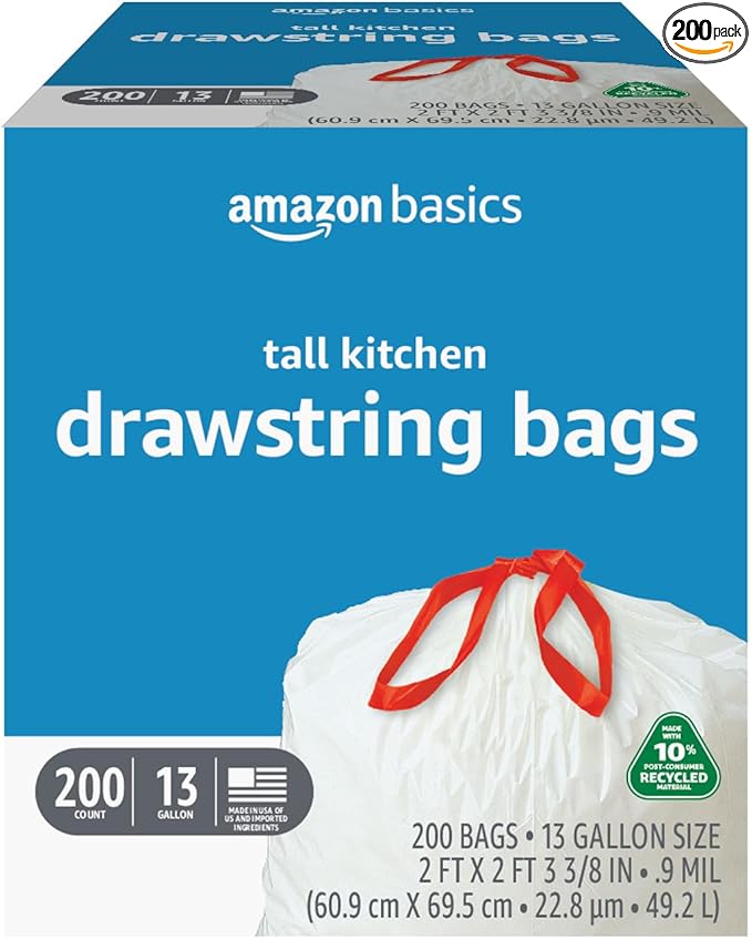 Amazon Basics 13 Gallon Tall Kitchen Drawstring Trash Bags, 10% Post Consumer