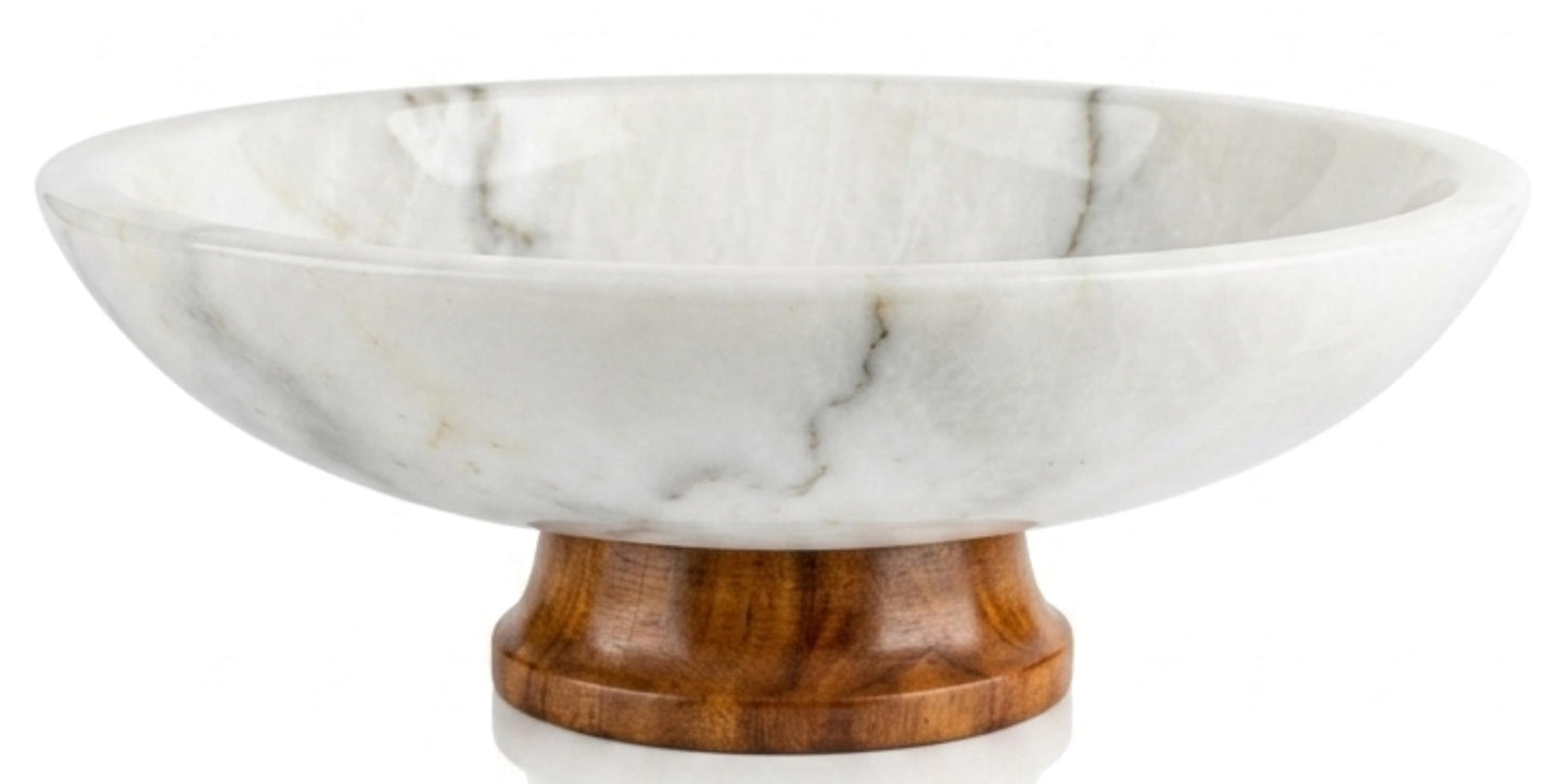 White Marble Fruit Bowl with Pedestal, 11" Large Decorative Centerpiece Bowl for Dining Table, Modern Kitchen Counter Fruit Bowl, Handcrafted Stone Marble Bowl, Luxury Home Decor Accent