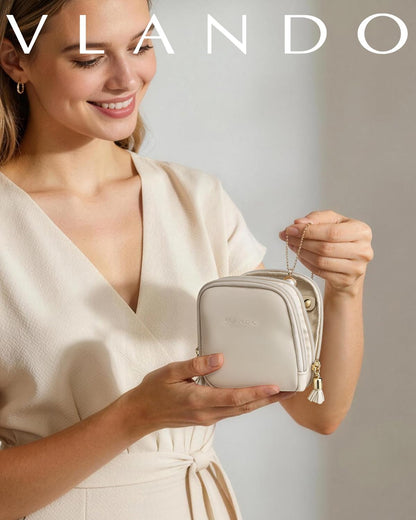 VLANDO Travel Jewelry Case,2-Layer Jewelry Organizer for Travel,Mothers Day Mom Gifts,Multi-Compartment Jewelry Storage for Rings Earrings Necklaces Bracelets-Cream White