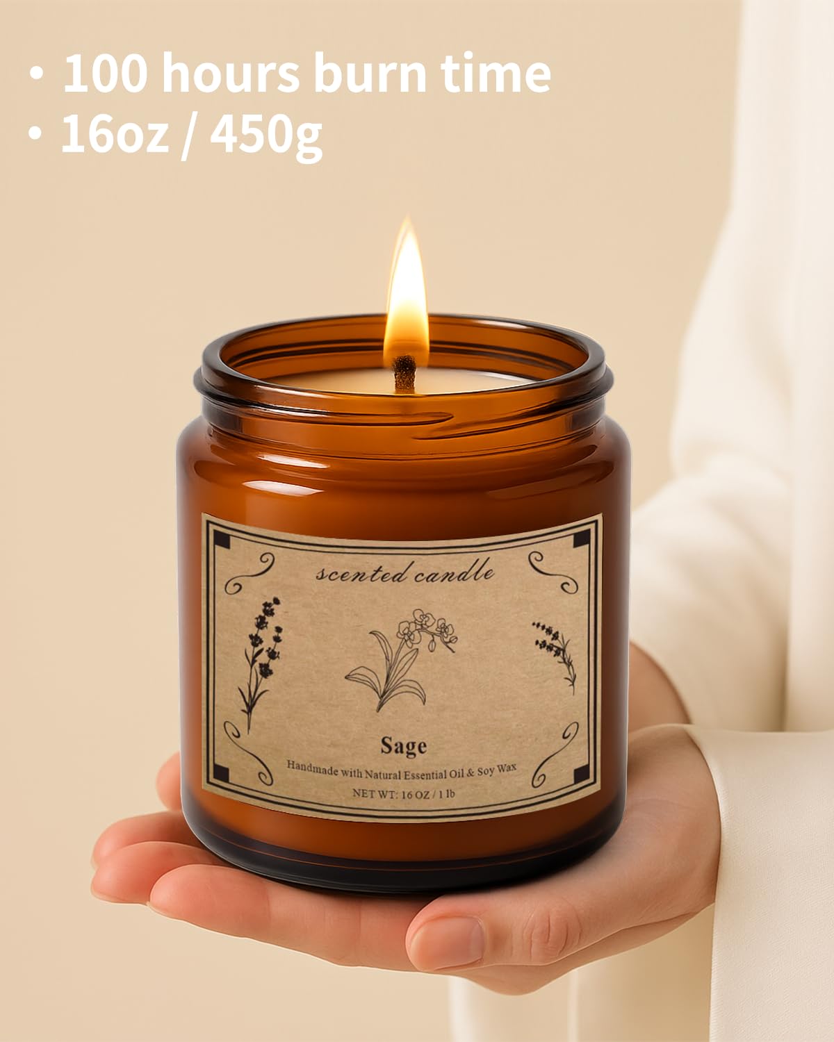 Sage Candles for Cleansing, 16oz Large Jar White Scented Candle, Over 100 Hours of Burn Time, Ideal for Home Decor and Gift