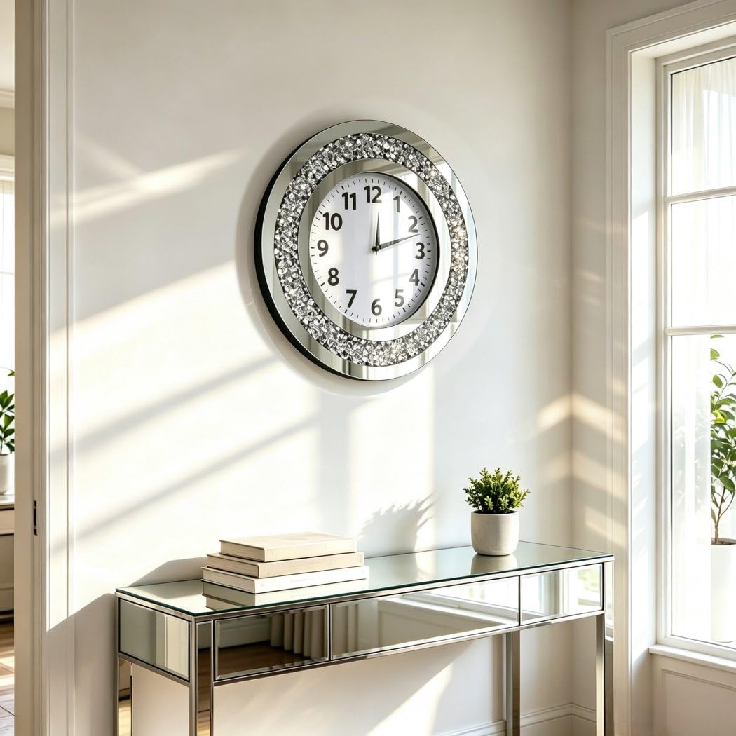 DMDFIRST Acrylic Glass Diamond Decor Round Clock, 15.7x15.7x1.7 Inches Silver Glass Round Decorative Clock, Silent Quartz Movement (No Second Hand), Modern Sparkle Home Decor (AA Battery Not Included)