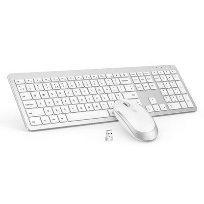 seenda Wireless Keyboard and Mouse Set, SK38 Ultra Slim Quiet USB Wireless Keyboard and Mouse Full Size QWERTY UK Layout with Numeric Keypad for Windows PC, Laptop, Computer, White and Silver