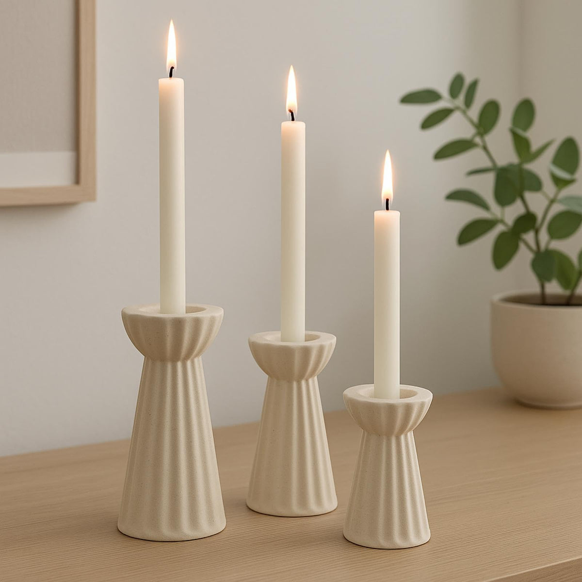 Honeydak Set of 3 Ceramic Taper Candle Holder Cream White Candlestick Holder Fluted Candle Stick Stand Boho Nordic Modern Decorative Table Centerpiece Wedding Home Dinner Party Housewarming Gift
