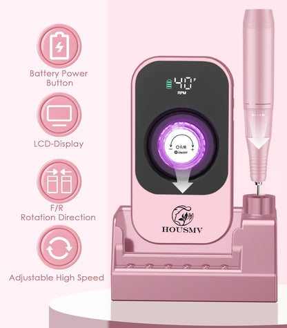 Portable Nail Drill Electric File: 40000RPM Professional Rechargeable Nail E-File Machine, Cordless Nail Drill with Bits & Base for Acrylic Nails Remove Nail Gel Polish Manicure for Salon Home, White