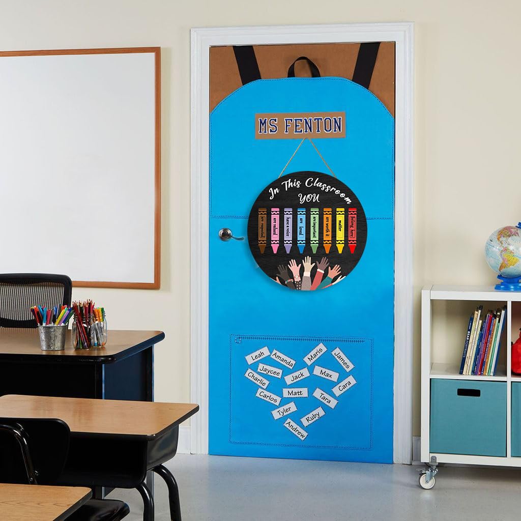 OLMIXA Classroom Rainbow Crayon Wooden Hanging Sign (12x12inch), Back to School Inspirational Quote Welcome Door Hanger Sign, Inclusive Classroom Educational Sign for Library Study Classroom Decor
