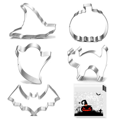 Halloween Cookie Cutters - 5 pieces Large Cookie Cutters Shape - Pumpkin, Bat, Ghost, Cat and Witch Hat Shapes for Halloween Food Party Decorations