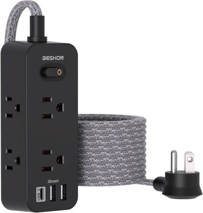 Power Strip Surge Protector, BESHON 5Ft Extension Cord, 6 Outlets with 4 USB Ports (2 USB C Outlet), 3-Side Outlet Extender, Wall Mount, Compact for Travel, Home, School, College Dorm Room and Office