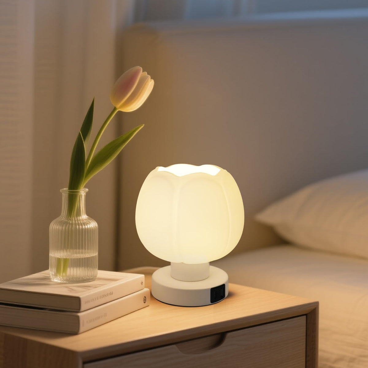 Komothala Touch Bedside Lamp with USB C+A Charging Ports,Tulip Flower Lamp with White Glass Lamp Shade, Warm LED Bulb, 3 Way Dimmable, Small Table Lamp for Bedroom Nightstand Living Room