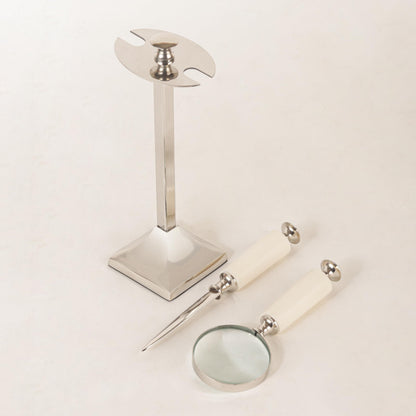 DECONOOR Set with Magnifying Glass and Letter Opener, Silver White Modern Office Desk Accessories, Decorative Home Office Decor, Professional Business Gift (Silver & White)