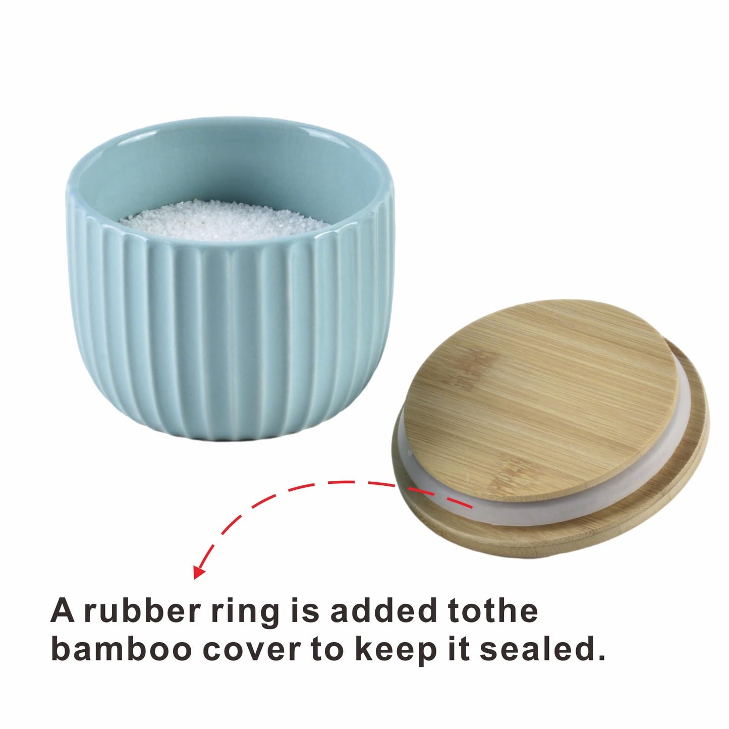 Lunavita Salt Cellar Keeper with Bamboo Lid, 14oz Big Capacity Ceramic Sugar Bowls Pepper Box, Crackle Glaze Seasoning Container Condiment Pot for Kitchen (Cyan Color)