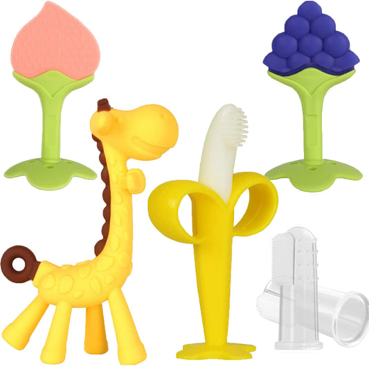 Haili XMGQ Baby Teething Toys 3-6 Months, Silicone Baby Teether Freezer BPA Free, Babies Teething Relief Sore Gums, Banana Finger Toothbrush, Fruit Shape Giraffe Teether for Infant Boys and Girls