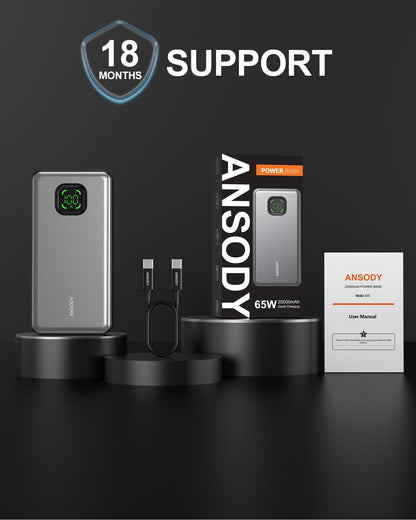 65W Power Bank, 25000mAh Travel Essential USB C Laptop Portable Charger, 100W Total Fast Charging Battery Pack for MacBook Dell XPS iPad Tablet Steam Deck iPhone 17-12 Series Samsung Switch and More