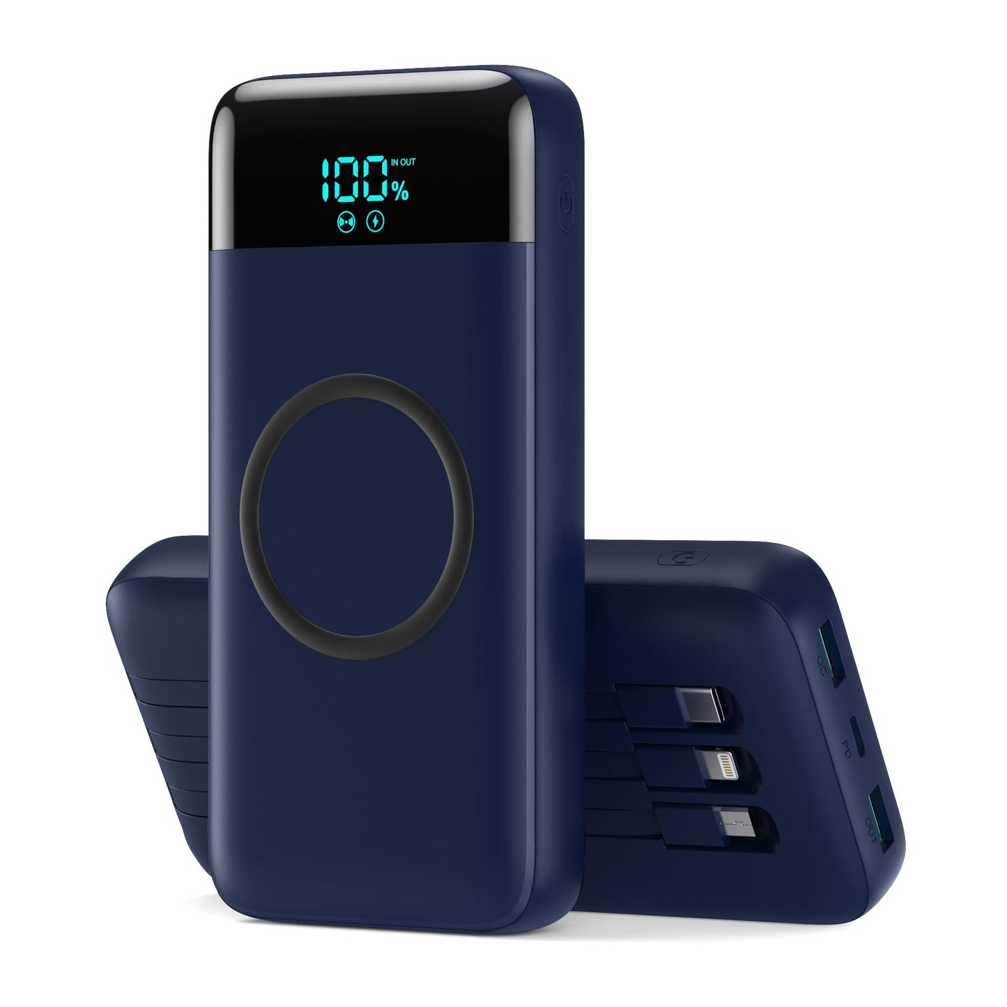 Wireless Portable Charger 40800mAh with 3 Built-in Cables,7-in-1 15W Wireless Charging Power Bank,25W PD QC 4.0 Fast Charging USB C LCD Display Battery Pack for iPhone 17/16/15/13,Samsung,Android etc