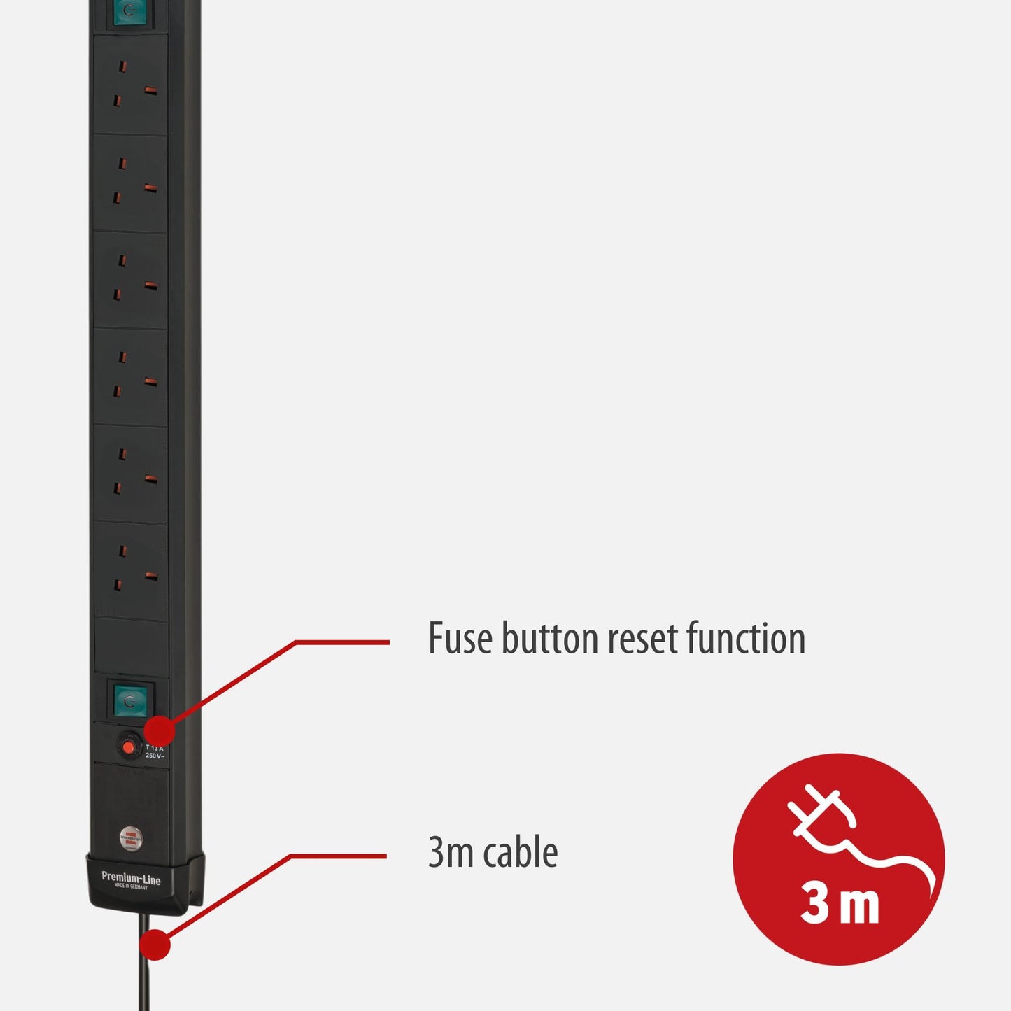Brennenstuhl Premium-Line 12-way extension lead (made in germany, switch and 3m cable, extension cord with 80° angle of sockets) light grey/black