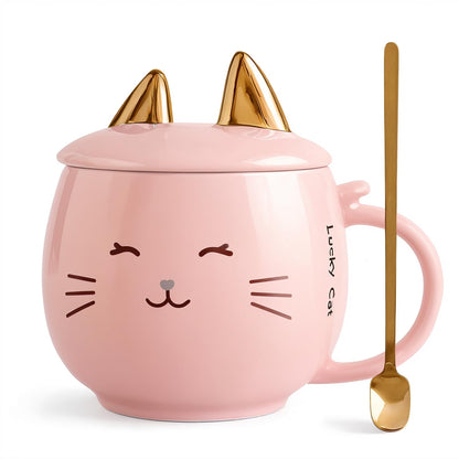 Yuwu Cat Ceramic Coffee Mug with Spoon & Lid, 13.5 oz Novelty Mug with Phone Stand Lid, Kawaii Tea Cup for Women & Cat Enthusiasts
