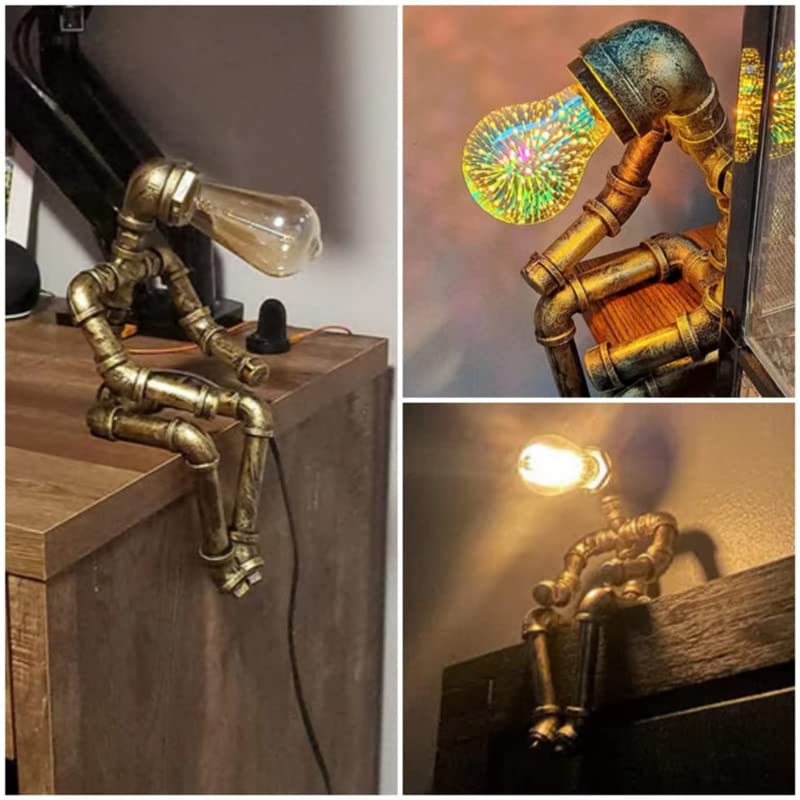 PUPERY Steampunk Table Lamp,Retro Industrial Bronze Pipe Robot Desk Lamp with 2 Edison Bulbs Lamp Creative Gift