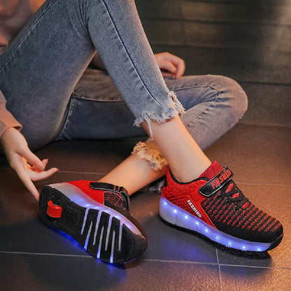 Ehauuo Kids Wheels Shoes with Lights Rechargeable Roller Skates Retractable LED Flashing Sneakers for Unisex Girls Boys Beginners Gift