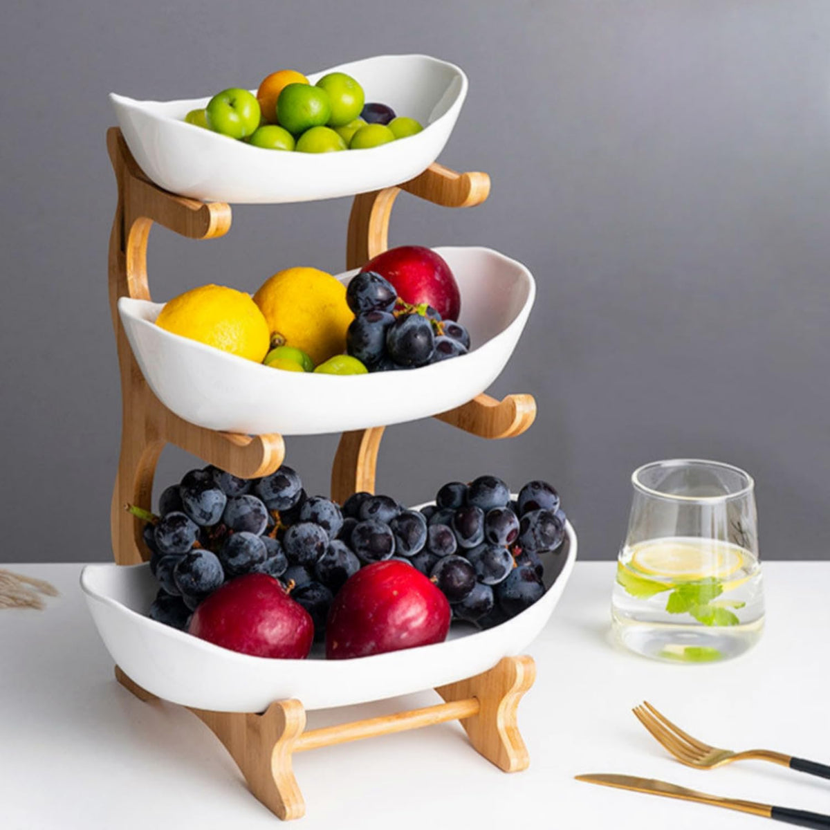 YWHWXB Multi-Layer Fruit Bowl with Natural Bamboo Rack,Plastic Wooden Frame Candy Plate,Large Capacity Snack Bowl Set,Bamboo Food Serving Tray for Kitchen Counter (White, Triple Layer)