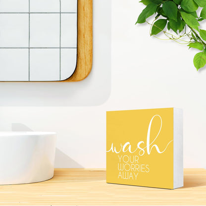LVQHI Bathroom Decor And Accessories, Wash Your Worries Away Wooden Box Sign, Bathroom Sign Small Decorations For Shelves, Yellow Washroom Toilet Restroom Shelves Decor 5"L x 5"W x 1.1"H