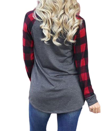 Women Merry Christmas T-Shirt Long Sleeve Plaid Raglan Splicing Reindeer Graphic Baseball Tee Top Christmas Santa Shirts Gray Red Reindeer 4325-L